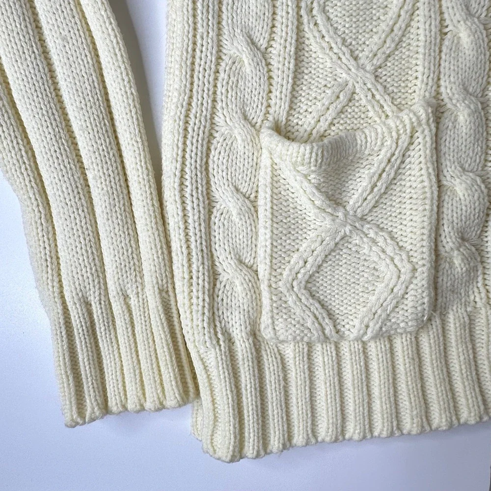 Vintage Unicorn Cable Knit Cardigan Sweater Cream Shawl Collar Fisherman Sz M